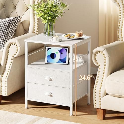 Furologee Night Stand with Charging Station, Bedside Table with Fabric Drawers, End Table with USB Ports & Outlets, White Nightstand with Storage Shelf & Hooks, for Living Room/Bedroom, White thumbnail 2
