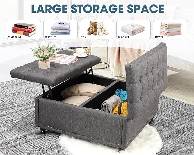 UTOASIS 35.5" Large Square Ottoman with Storage, Tufted Upholstered Storage Ottoman with Lift Top & Solid Legs for Bedroom Room, Extra Large Coffee Tables Bench for Living Room as Footstool (Grey) thumbnail 7