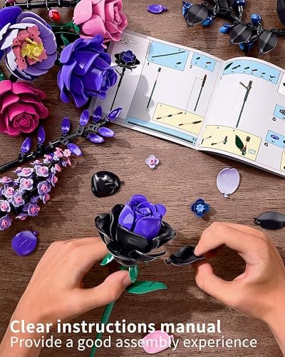 TYCOLE Flowers Bouquet Building Set - Purple Roses Botanical Collection Building Blocks for Adult Women, Artificial Flowers Gothic Home Decor Christmas Birthday Gift for Adults Kids Girls 6-12 thumbnail 4