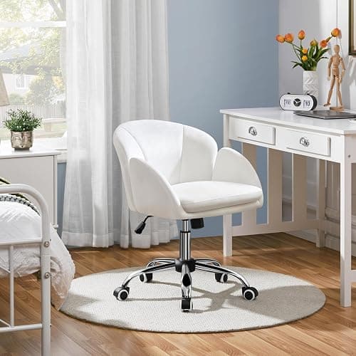 Yaheetech White Desk Chair Vanity Chair with Back Modern Faux Leather Swivel Rolling Office Computer Armchair for Living Room, Bedroom thumbnail 6