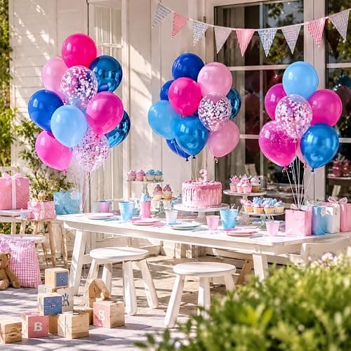 Pink and Blue Summer Balloons, 12 Inch Hot Light Pink Metallic Dark Blue Latex Balloons with Confetti Balloon for Tropical Hawaiian Gender Reveal Cartoon Birthday Pool Baby Shower Party Decorations thumbnail 4