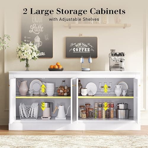 AMERLIFE 72" Farmhouse Sideboard Buffet Cabinet with Barn Doors, Storage Console Table with Adjustable Shelves, Coffee Bar/TV Stand for Living Room, Kitchen, Entryway, White thumbnail 4