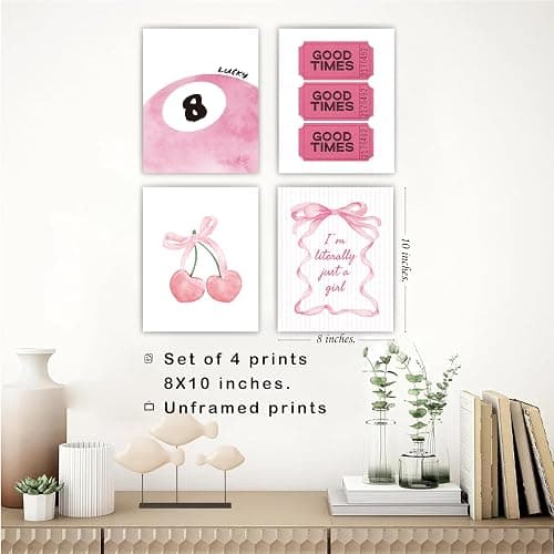 JWVK Pink Coquette Bow Preppy Girly Wall Art Prints Set of 4, Coquette Room Decor, Preppy Room Decor, Funky Y2K Pink Lucky 8 Ball Good Times Ticket Posters for Girls Room Dorm Decor, 8x10 Unframed thumbnail 3
