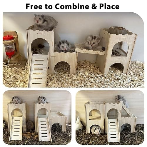 Jevnd Large Hamster Hideout, Wooden Double-Decker Castle with Climb Ladder | Multi Chamber Gerbil Habitat House, With Ladder, Bridge & Balcony, Offers Ample Space for Multiple Hamsters to Explore & Play thumbnail 6
