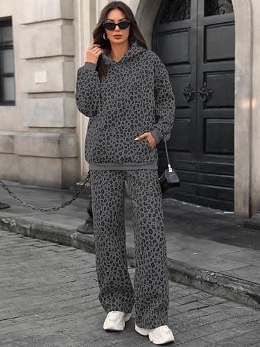 Ythomm Womens Leopard 2 Piece Sets Oversized Hoodies Straight Leg Sweatpants Sweatsuits Hooded Sweatshirt Lounge Fall Outfits thumbnail 2