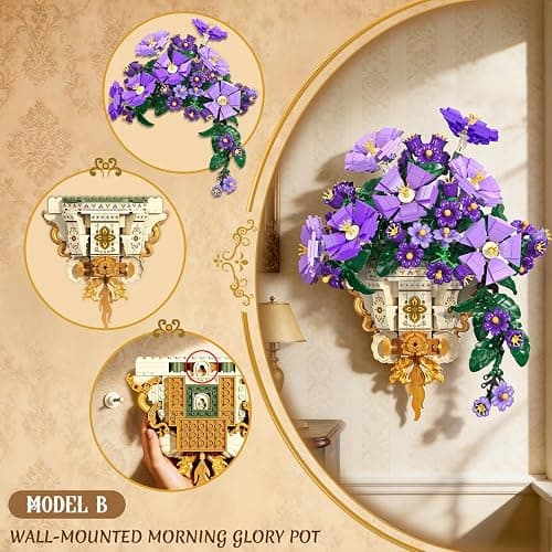 CUBIMANA Flowers Botanicals Building Set with Vase - 2 in 1 Morning Glory Bonsai Building Blocks Plants Arrangement Vintage Wall Flower Pots Home Decor, Gift for Valentine's Day Adults 12+ (1136PCS) thumbnail 6