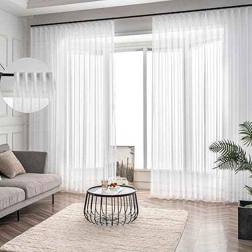 Ftinala Off White Pinch Pleated Sheer Curtains 96 Inches Long 2 Panels, Thin Textured Linen Look Living Room Drapes Window Decor, Ivory Sliding Glass Door Curtain with Rings & Hooks & Back Tab