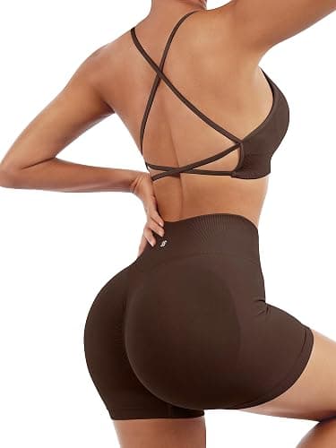 SUUKSESS Women Seamless Workout Sets Strappy Sports Bra High Waist Booty Shorts Outfits thumbnail 3