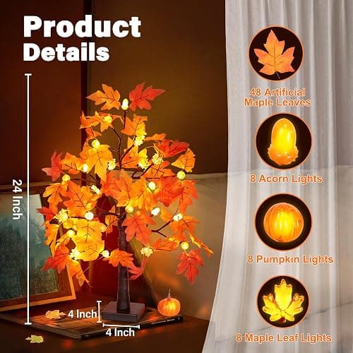2 Pack 24 Inch Fall Maple Tree with 48LED Thanksgiving Table Decorations Battery Operated Lighted Tabletop Artificial Tree with Pumpkin Acorn Maple Fall Centerpieces Indoor Fall Decorations for Home thumbnail 3