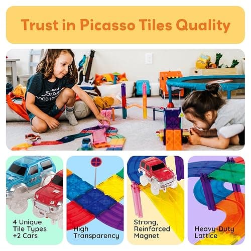 PicassoTiles Magnetic Tiles Race Track Car Thrilling Toy Playset Includes 2 Racing Trucks STEM Educational Magnet Tile Building Block Construction Set for Toddlers Boys Girls Ages 3 and Older PTR30 thumbnail 6