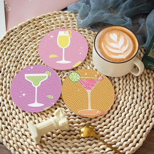 8Pcs Diamond Painting Coasters with Holder,DIY Cocktail Life Coaster Diamond Art Kits for Adults Kids,Beginners Round Full Drill Diamond Art Craft Supplies thumbnail 7