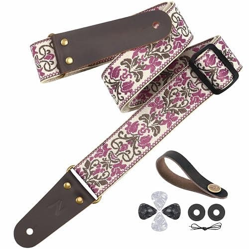 Nefelibata Guitar Strap 2" Embroidery, Full Grain Leather Ends with Hidden Pocket, for Bass, Electric and Acoustic Guitars - Image 1