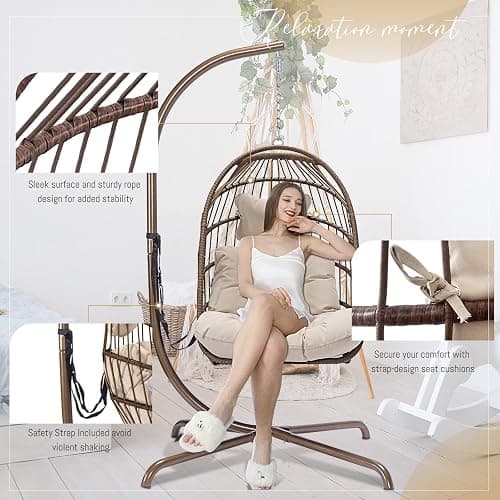BULEXYARD Hanging Egg Swing Chair with Stand Indoor Outdoor 350lbs Capacity, Brown Wicker Hammock Egg Basket Chair with Beige Thickened Cushion for Bedroom Balcony Garden Porch Patio thumbnail 5