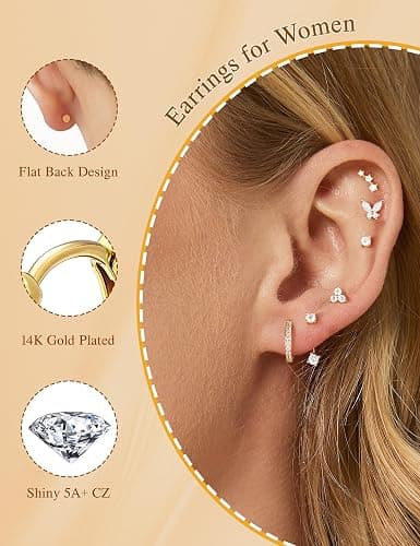 M MOOHAM Hypoallergenic Earring Jacket Stacks - 7 Pairs 14K Gold Plated Flat Back Earrings Dainty Huggie Hoop Cartilage Helix Earring Jacket, Fashion Accessories Western Jewelry Gifts thumbnail 3