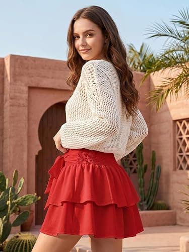 Timormode Womens Summer Ruffle Mini Skirt Boho A-Line Layered Skirts | Flowy Bow Mini Skirt, High Waisted Ruffle Hem Short Skirts, Cute Beach Vacation Skirt, Tiered Tennis Golf Skirts thumbnail 3
