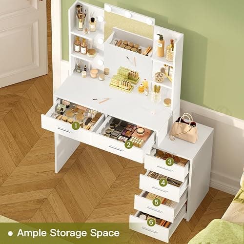 TEENFON Vanity Desk with 6 Drawers, 6 Open Shelves, Makeup Vanity with Mirror and Lights, Dressing Table with 3 Lighting Color Adjustable, Bedroom, White thumbnail 3