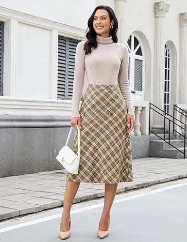 luvamia Plaid Skirts for Women Midi Length High Waisted Trendy A Line Elastic Waist Casual Office Work Fall Skirt thumbnail 7