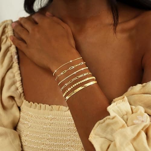 DEARMAY Gold Bracelets for Women Waterproof, 14K Gold Plated Jewelry Sets Trendy Thin Dainty Stackable Cuban Link Paperclip Chain Bracelet Pack Fashion Accessories Gifts for Womens thumbnail 2