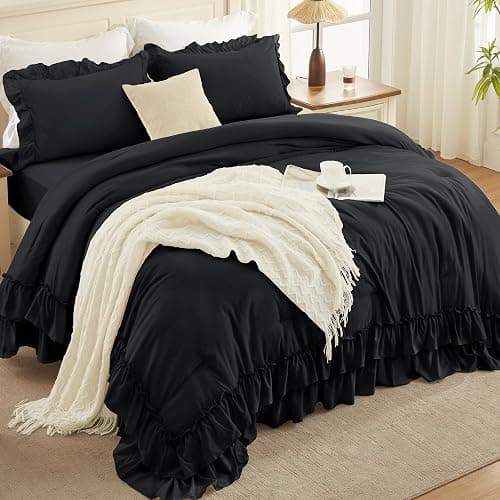 Andency Black Full Size Comforter Set(79x90Inch), 3 Pieces Fluffy Farmhouse Shabby Chic Bedding Comforter Sets, All Season Soft Lightweight Microfiber Bed Set thumbnail 2