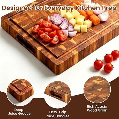 Bierofaro Large Solid Wood Chopping Board, 42 x 33 x 3 cm, Butcher Block | Thick end grain design， juice groove and side handles, designed for chopping, carving meat and serving charcuterie. thumbnail 4