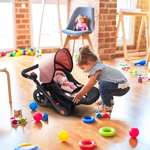 Baby Doll Convertible Travel Stroller for Girls Toddler Play Toy Car Seat Two in One Foldable Carriage for Kids with Diaper Bag Pretend Play Stroller for Doll thumbnail 9