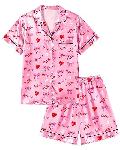 Sylfairy Girls Pajamas Silk PJS Set Pink Bow Satin Sleepwear Short Sleeve Jammies for Kids Button-Down Nightwear size 7-14 - Image 1