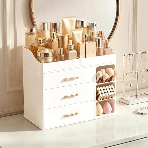 HBlife Makeup Organizer Countertop with Brush Holder,Large Bathroom Counter Organizer with Drawers,Skincare Organizers for Vanity,Plastic Dresser Organizer Storage Gift for Women Girl Mom,All White thumbnail 5
