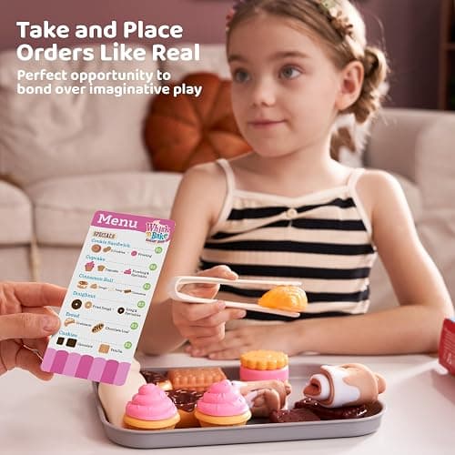 lalalark Cookie Play Food Set, Toddler Pretend Toys, 17 PCS Kitchen Toy Food Sets with Plastic Cookies, Baking Menu, Bakery Tray, and Play Money for Boys and Girls, Birthday Gift for Kids thumbnail 4
