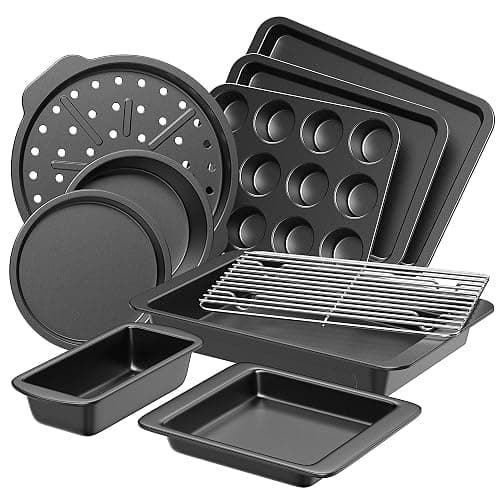HONGBAKE Bakeware Sets, Baking Pans Set, Nonstick Oven Pan for Kitchen with Wider Grips, 10 Pieces Including Rack, Cookie Sheet, Cake Pans, Loaf Pan, Muffin Pan, Pizza Pan - Grey - Image 1