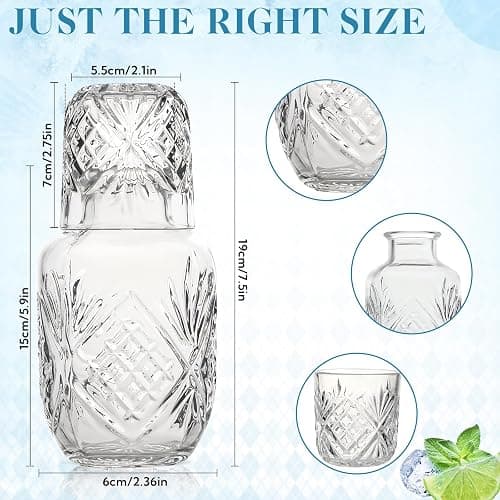 3 Set Bedside Water Carafe and Glass Set 18 OZ Vintage Glass Water Pitcher with 5 OZ Cup Set Clear Glass Water Pitcher for Bedroom,Bar,Bathroom,Hotel,Restaurant,Juice,Mouthwash Container,Style-1 thumbnail 3