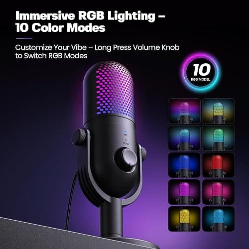 USB Microphone for PC Gaming: Condenser Microphone RGB for Gamer with Stand Mic - Recording Mic for Computer&Laptop with Qiuck Mute - Desk Podcast Mic for Podcast & Singing & Streaming & Youtube Black thumbnail 2