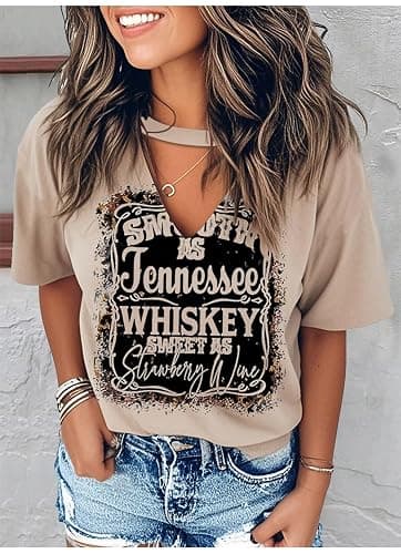 Hollow Out T Shirts for Women Nashville Western Graphic Shirts Country Cowgirls Shirts Casual Short Sleeve V Neck Tops thumbnail 2