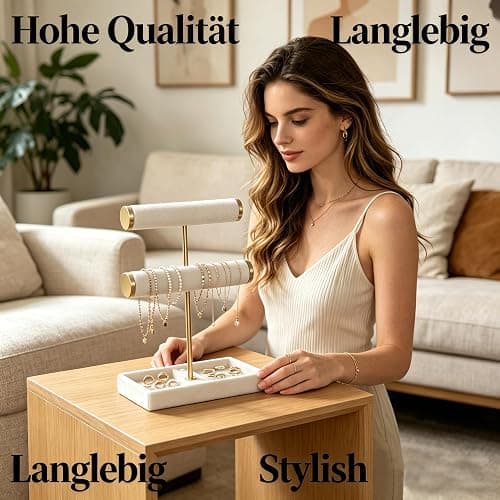 Xnqelerate Schmuckständer mit 2 Ebenen, Schmuckaufbewahrung, Abnehmbarer T-Steg Schmuck Ständer, Schmuck Organizer, Jewelry Organizer für Armband, Uhren, Ringe, Halskette (Beige) thumbnail 6