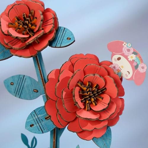 Hands Craft Hello Kitty and Friends My Melody Red Camellia 3D Wooden Puzzle Kit | DIY Flower Model | Arts & Crafts for Adults & Kids | Creative Hobby Kits | Wood Building Set | Unique Gift thumbnail 3