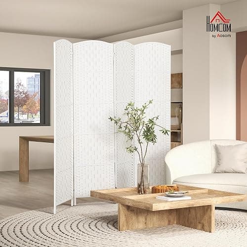 HOMCOM Room Divider 4 Panel, 6FT Tall Folding Privacy Screen, Freestanding Hand-Woven Partition for Room Separation with 360° Hinges, Paper Rope Diamond Weave, White thumbnail 2