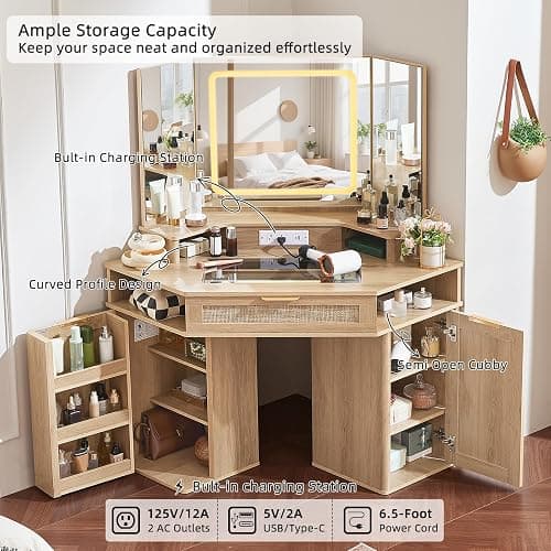 Lerliuo LEYAOYAO Fluted Makeup Vanity Desk with Mirror and Lights, 43.5'' Blue Vanity Table with Glass Top and Power Outlet, Make Up Vanity with 6 Drawers and Adjustable Shelves for Bedroom thumbnail 5