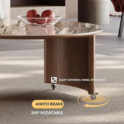 Round Coffee Table for Living Room, Modern Marble Top Expandable Coffee Table with Hidden Storage, No Assembly Required Center Table, Rolling Living Room Tables (Walnut & Marble) thumbnail 8