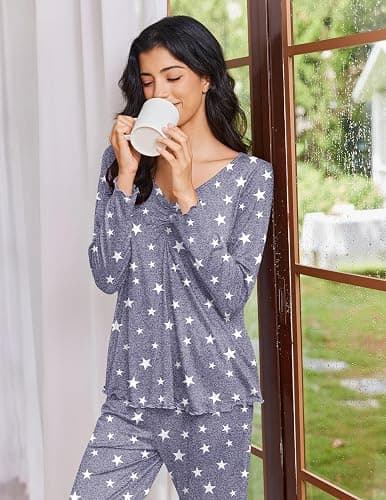 Ekouaer Womens 2 Pack Pajama Set Long Sleeve Pajamas Top and Pants V Neck Pjs Set Soft Sleepwear Loungewear thumbnail 4