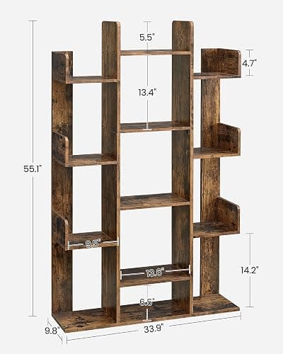 VASAGLE Bookshelf, Tree-Shaped Bookcase with 13 Storage Shelves, Rounded Corners, 9.8”D x 33.9”W x 55.1”H, Rustic Brown ULBC67BXV1 thumbnail 3