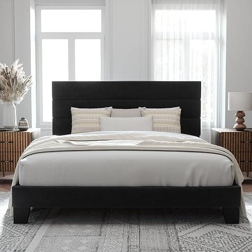 Allewie King Size Platform Bed Frame with Velvet Upholstered Headboard | Wooden Slats Support, Fully Upholstered Mattress Foundation, No Box Spring Needed, Easy Assembly, Noise-Free, Black thumbnail 3