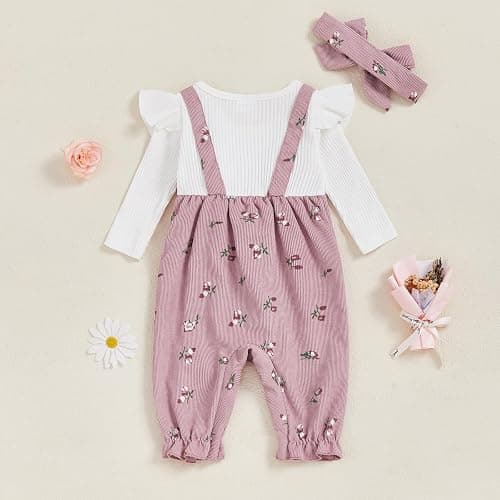 Geagodelia Corduroy One Piece Baby Girl Clothes with Headband | Cotton Blend, Newborn Baby Grow, Long Sleeve Floral Print Romper, Baby Girl Gifts, Baby Girl Coming Home Outfit thumbnail 4