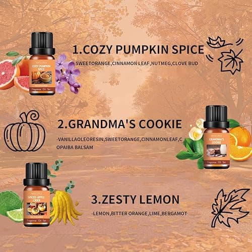 WECONA Fall Essential Oils Set, 6 x 10 mL Fall Scents for Diffuser | Fall Essential Oils, Pumpkin Spice & Apple Cider, Diffuser Oils, Candle & Soap DIY, 6 Pack thumbnail 2