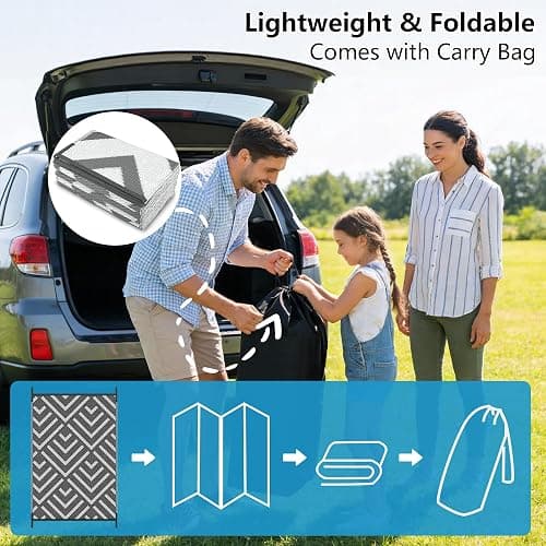 Kohree Outdoor Rug, Wave, 9x12 ft, Grey & White | Reversible, Waterproof, Non-Slip, Easy-Cleaning and Carry for RV, Patio, Deck, Camping, Balcony, Backyard thumbnail 6