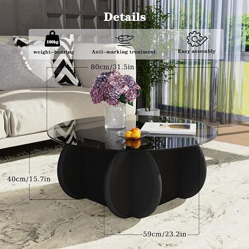 Black Glass Top Coffee Table Modern Elegant Round Coffee Tables with Solid Wood Legs and Tempered Glass Tabletop for Living Room Home Small Space Reception Office Tables 31.5" thumbnail 2