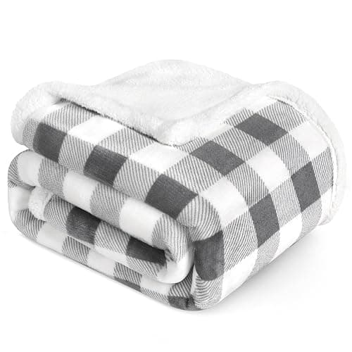 PAVILIA Checkered Sherpa Throw Blanket Couch Sofa Bed, Light Grey, 50x60 | GSM 460; Plush Flannel Fleece with Buffalo Plaid; Warm&Cozy for Home; Perfect Fall & Winter Decor Holiday Christmas Gift - Image 1