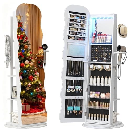 Vlsrka 360° Swivel Jewelry Aromire with Wavy Mirror, Lockable Jewelry Organizer Mirror Full Length, Rotatable Standing Mirror with Storage, Jewelry Cabinet, Interior Mirror, Flodable Shelf, White - Image 1