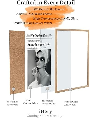 iHery Natural OAK Wood Audrey Hepburn Newspaper Trendy Framed Wall Art, 12x16 in Vintage Headline Canvas Bedroom Wall Decor, Better Late Than Ugly,Bathroom Artwork Apartment Girly Dorm Room 1Pack thumbnail 3