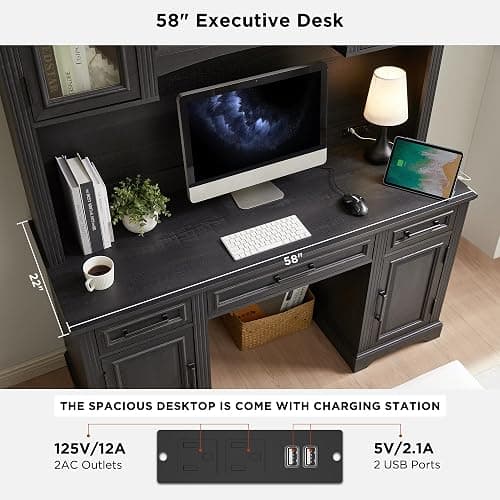 JXQTLINGMU Farmhouse 76" Height Computer Desk with Hutch, Office Desk with Charging Station, Drawers and Storage Cabinet, Workstation for Office Home, Black thumbnail 3