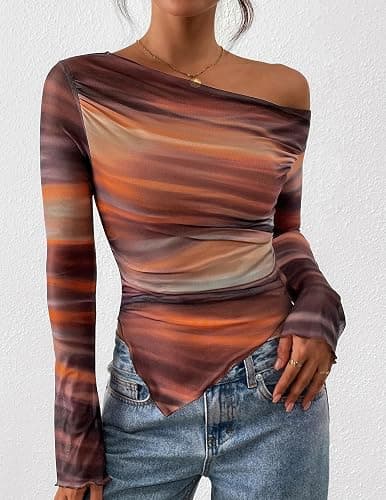 PRETTYGARDEN Womens Fall Trendy Off Shoulder Y2k Tops 2026 Tie Dye Mesh Long Sleeve Shirts Asymmetrical Ruched Floral Blouse thumbnail 6