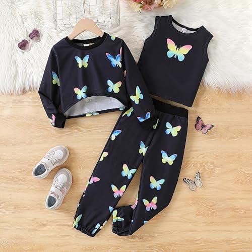 FJLSJSW Girls Long Sleeve 3 Piece Outfits Graphic Crop Sweatshirt Tank and Sweatpants Set thumbnail 5